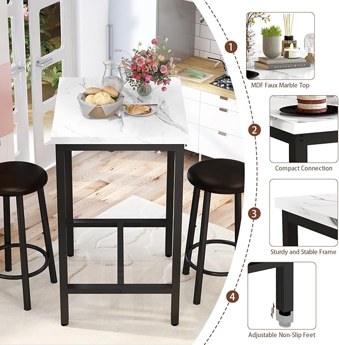 DKLGG Dining Table Set for 2, 24" Square Kitchen Table and Chairs Set with MDF Tabletop & 2 PU Leather Chairs, Bar Pub Dining Set for Small Space Bar Kitchen Living Room Apartment, White