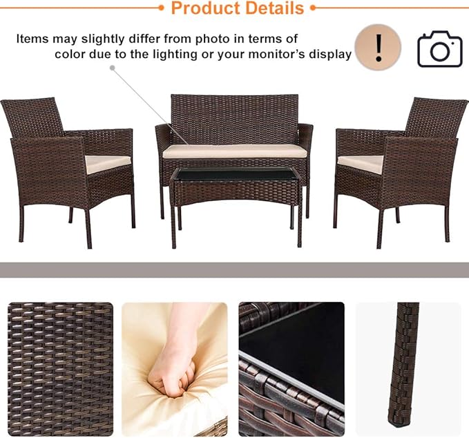 FDW Rattan Furniture Brown Wicker Chair Patio Bristo Set for Outdoor Indoor Use with Loveseats Coffee Table,Khaki Cushion, 4-Pieces