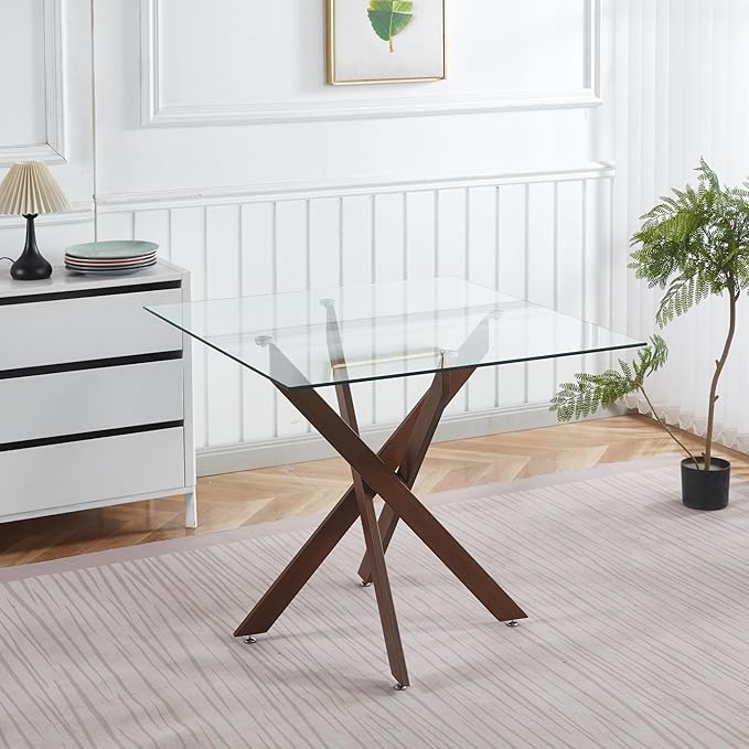 36" Square Dining Table for 4, Modern Glass Kitchen Table for 4 with Walnut X Metal Legs, Contemporary Small Glass Dining Room Leisure Tables for Kitchen Apartment