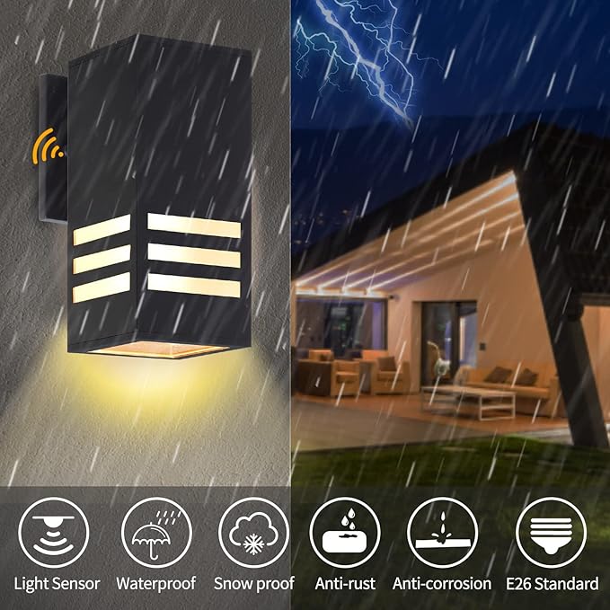 Dusk to Dawn Outdoor Wall Lantern, Exterior Lighting - ETL Listed, Aluminum Anti-Rust Waterproof Wall Mount Rectangular Design – Up/Down Photocell Outdoor Lighting for Porch, Garage or Patio