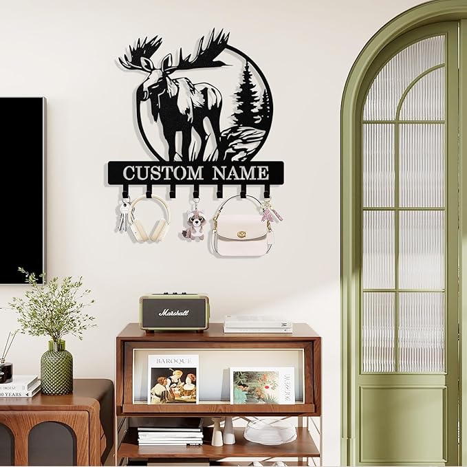 Personalized Deer Key Holder Wall Mount, Custom Metal Keys Hanger for Wall with Name, Custom Key Rack Holder with Hooks for Entryway, Front Door, Hallway, Living Room, Kitchen