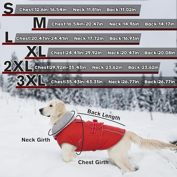 Lelepet Warm Dog Coat - Reflective Waterproof Fleece Vest with Adjustable Buckle Hook & Loop, Windproof Winter Jacket Dog Coats for Small Medium Large Dogs, Red, XL