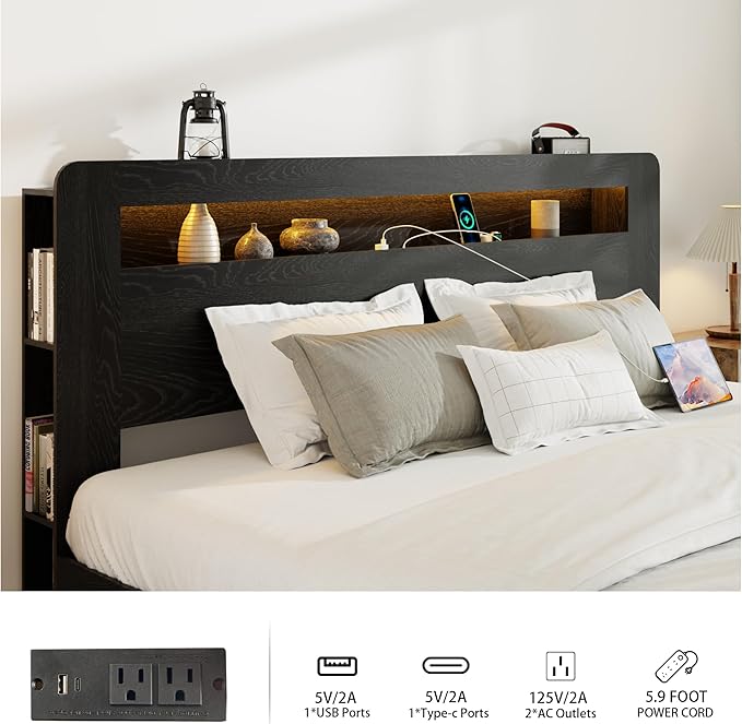 Wood King Size Bed Frame with Headboard, Farmhouse Platform Bed Frame with Bookcase Shelf,LED Lights,Charging Station,Heavy Duty Supports,No Box Spring Needed,Dark Black