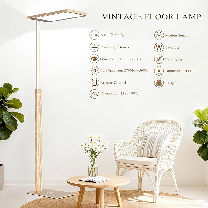 STERREN Full Spectrum Floor Lamp, 9800LM Modern Vintage Industrial Free-Standing Lamp, Eye-Care Remote Control Reading Lamps for Study Room, Office, Living Room, 2700-5000K,Oak Brown