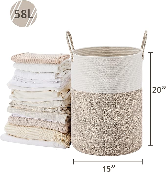 VIPOSCO Large Laundry Hamper, Tall Woven Rope Storage Basket for Blanket, Toys, Dirty Clothes in Living Room, Bathroom, Bedroom - 58L White & Brown