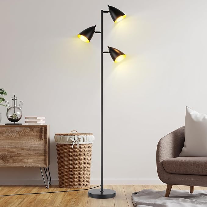 Tree Floor Lamp for Living Room, Industrial 3-Light Standing Lamp with 3 LED Bulbs, Adjustable Rotation Heads, Standing Tall Pole Lamp Farmhouse Rustic Reading Lamps for Bedroom Office (Black)