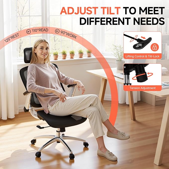 COMHOMA Big and Tall Ergonomic Mesh Office Chair, High Back Home Desk Chair Computer Gaming Chair with Headrest, Flip-Up Arms, 90-125° Tilt Lock and Wide Cushion, Task Chair for Man Woman- Black