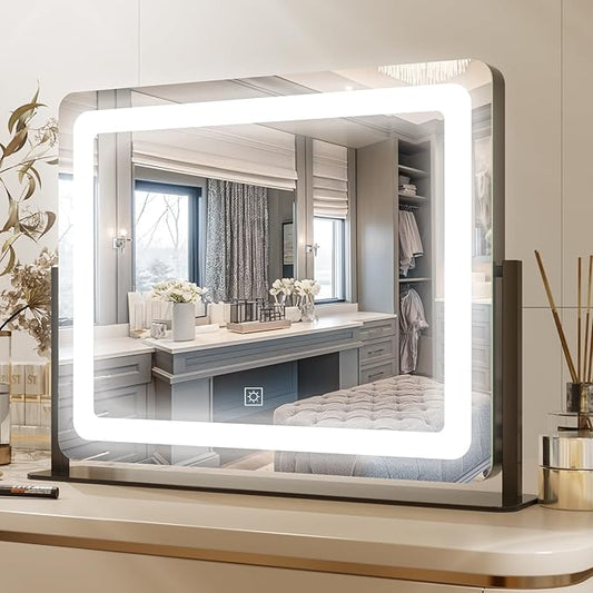 PRIMETEK Vanity Mirror with Lights, 22"x19" Large Makeup Mirror with Lights, LED Lighted Hollywood Makeup Mirror, Touch Sensor with 3-Color Lighting, Dimmable for Vanity Desk Tabletop, Bedroom, Black