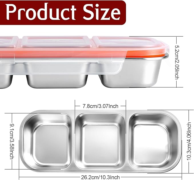 3 Pack Stainless Steel Snack Containers with Lids, 3 Compartment Food Storage Containers, Stackable Metal Divided Snack Box for Salads Picnic, Reusable Bento Lunch Box for Home Work Travel