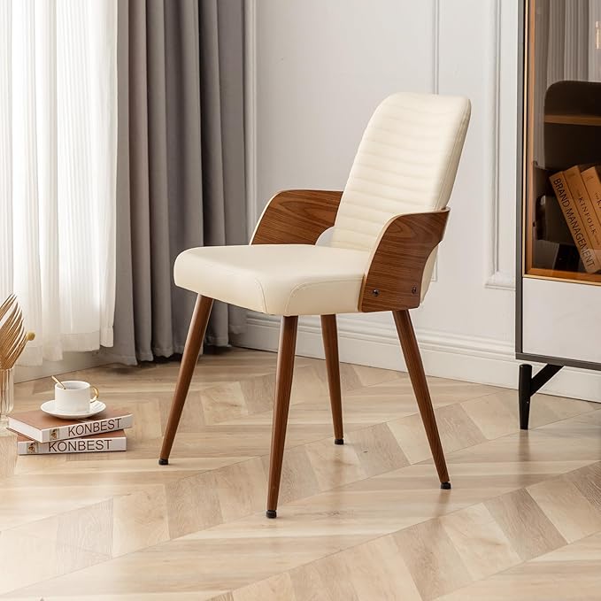 Dining Room Chairs Set of 2,Mid Century Modern Kitchen Chair,Upholstered Faux Leather Accent Chairs,Metal Legs Wooden Desk Chair,Armless and No Wheels for Kitchen Dining,Beige PU