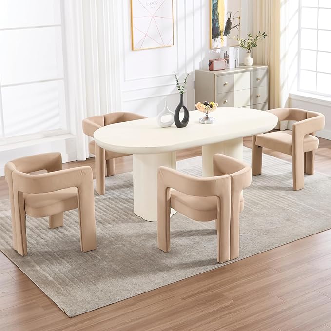 Modern Dining Chairs Set of 4, Upholstered Side Chairs Velvet Fabric Guest Chairs with Barrel Backrest Armchair for Dining Room Living Room, Khaki