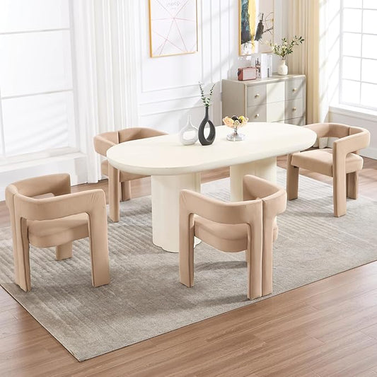 Modern Dining Chairs Set of 4, Upholstered Side Chairs Velvet Fabric Guest Chairs with Barrel Backrest Armchair for Dining Room Living Room, Khaki