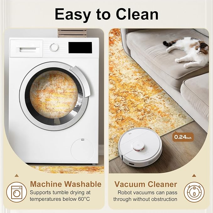 Washable Area Rugs for Living Room - 6x9 Abstract Modern Rug Neutral Soft Rug Stain Resistant Non-Shedding No Slip Low Pile Large Carpet for Bedroom Dining Room Nursery Home Office - Orange/Gold