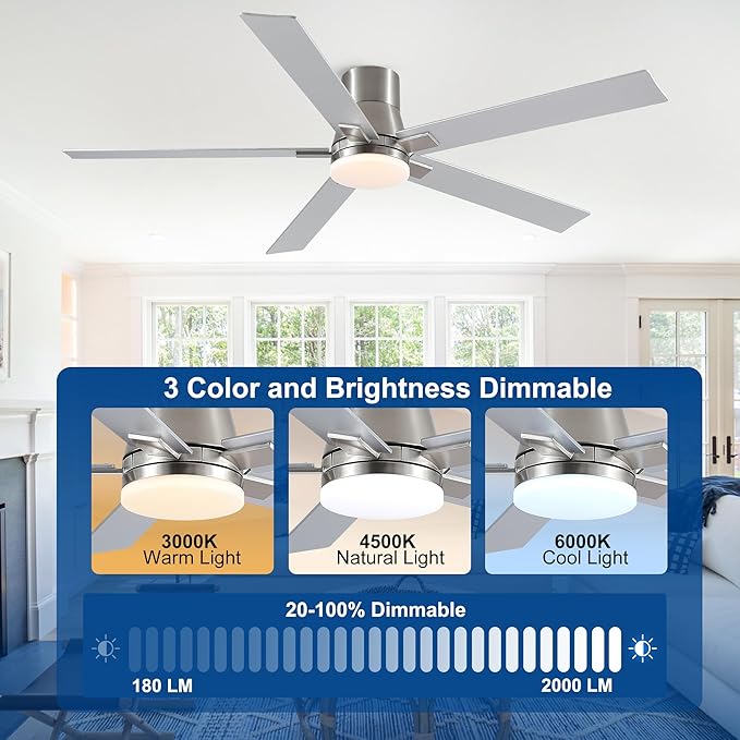 Rayqueen 60 Inch Ceiling Fans with Lights and Remote,Flush Mount Brushed Nickel Ceiling Fan,6 Speed Reversible DC Motor,3CCT Dimmable LED-Low Profile Design for Bedroom, Living room & Covered Outdoor