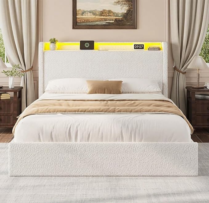 Full LED Bed Frame with 4 Storage Drawers and Storage Headboard, Soft Boucle Upholstered Platform Bed Frame with Charging Station and USB Ports, Solid Wood Slats Support, No Box Spring Needed, White