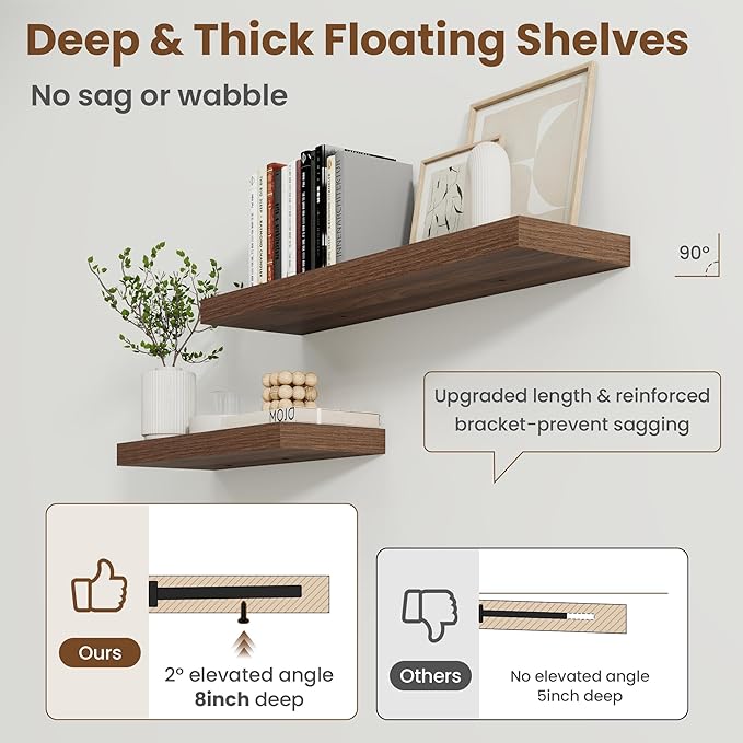 48 Inch Floating Shelves for Wall, 8 Inch Deep Floating Shelf for Storage & Display, Rustic Wall Mounted Shelf with Invisible Brackets for Living Room, Kitchen, Bathroom, Home Decor, Set of 2, Walnut