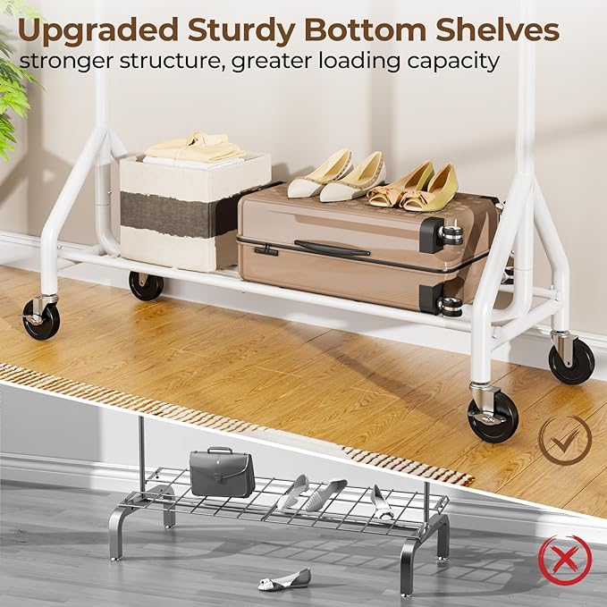 Heavy Duty Clothes Rack Load 450 LBS, Metal Garment Rack, Standing Rolling Clothing Rack for Hanging Clothes with Sturdy Wheels & Shelves, Portable Closet Wardrobe Rack,White