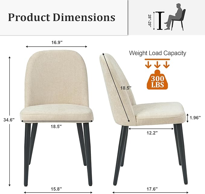 Upholstered Dining Chairs Set of 6, Mid Century Modern Fabric Dining Room Chair High-Back Padded Kitchen Chairs with Padded Seat and Metal Legs for Kitchen Dining Room Restaurant Cafe, Beige