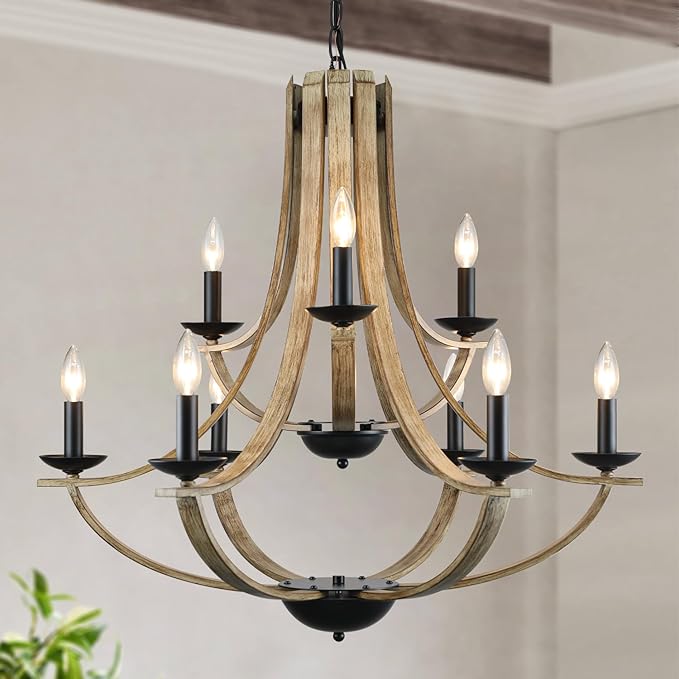Farmhouse Chandeliers for Dining Room Light Fixture, 9-Light 31" Adjustable Height Retro Faux Wood Texture Rustic Light Fixtures for Living Room Bedroom Kitchen Island Foyer Entryway