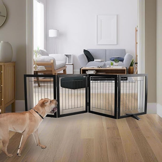 ZJSF Freestanding Dog Gate Indoor, Foldable Dog Fence for Doorways,Hallways or Stairs, Sturdy Wood Extra Wide Pet Gate with Support Feet,Black,24 "Height-4 Panels