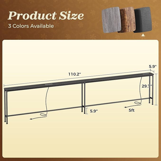 SUPERJARE 110.2 Inch Sofa Table with 2 Power Outlets and USB-C Port, 5.9 Inch Narrow Console Table with Storage, Extra-Long, for Entryway Hallway Couch Behind Sofa, Small Spaces, Black