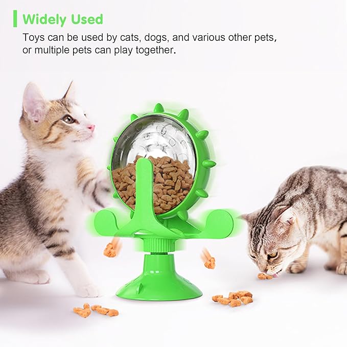 Cat Dog Treat Dispenser Toy - Cat Interactive Feeder Pet Food Toys Feeder 360° Degree Rotating Food Leakage Device Rotate with Strong Suction Cup Money Wheel Shape (Green)