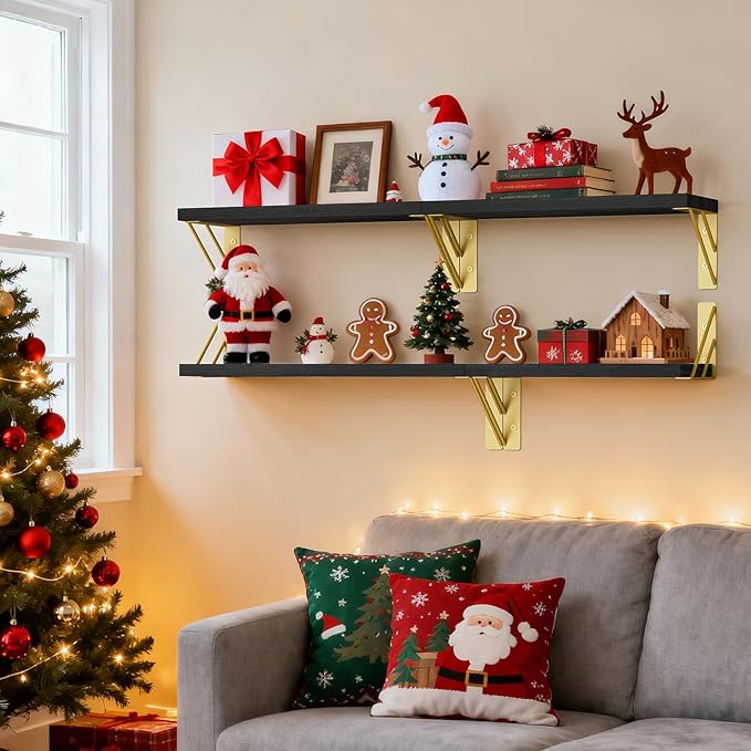 BAYKA Wall Shelves for Bedroom Decor, Floating Shelves for Living Room Kitchen Storage, Mounted Rustic Wood Floating Shelves for Kids Books, Corner Shelves for Bathroom, Office(Black Gold,Set of 3)