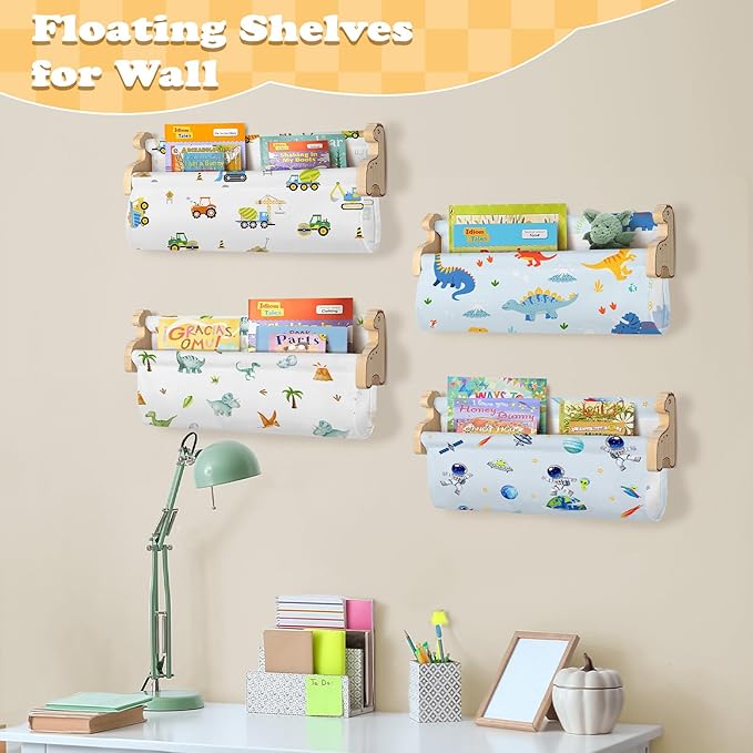 Floating Book Shelves for Wall Set of 4 Wood Nursery Bookshelves for Kids Room 16.9 Inch Kids Bookshelf for Books Toys and Decor,Wall Mounted Storage for Baby Boys Girls Bedroom Living Room