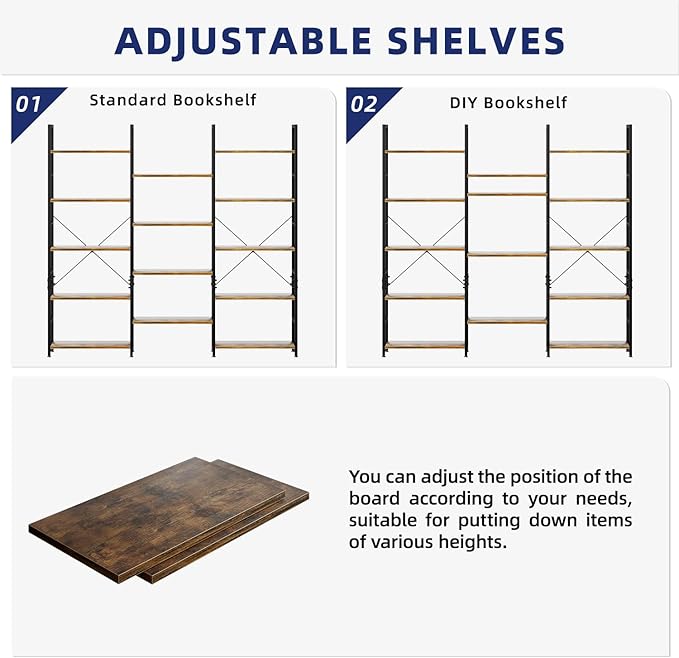 NUMENN Triple 5 Tier Bookshelf, Wide Book Shelf with 14 Open Display Shelves, Modern Tall Bookcase Furniture for Living Room Home Office, Vintage