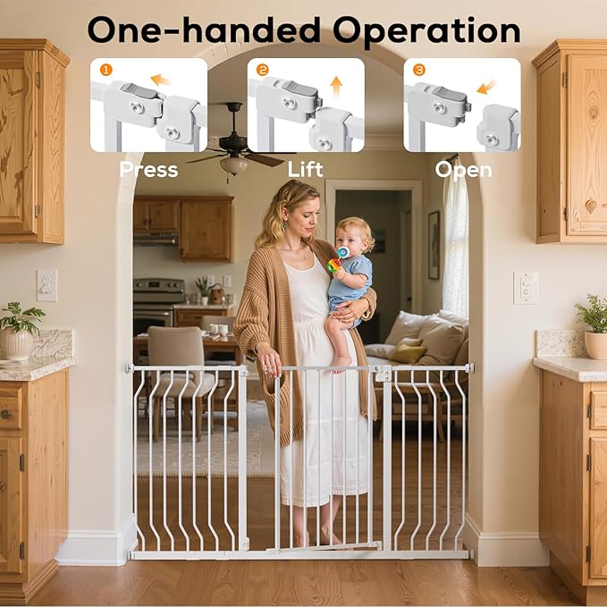 29-53" Baby Gate for Stairs, Baby Safety Essentials, Auto Close Gate for Doorways, Easy Install Pressure Mounted Dog Gate Indoor, Pet Gates for Dogs, White