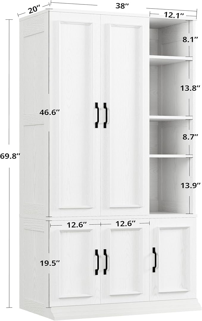 LIKIMIO Armoire Wardrobe Closet 70" H, 5 Doors Bedroom Wooden Wardrobe with 4 Storage Shelves and Hanging Rod, Clothing Storage Cabinet Organizer Combination, White