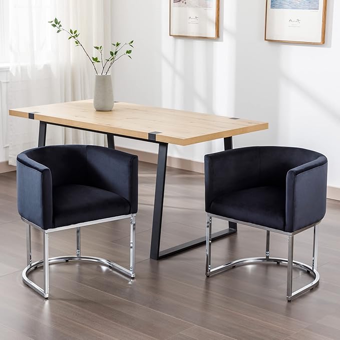Velvet Dining Chairs Set of 4 Modern Barrel Arm Chairs with Chrome Metal Frame, Upholstered Kitchen Chairs 18.5" Wide Accent Chairs for Living Room Dining Room Restaurant, Black