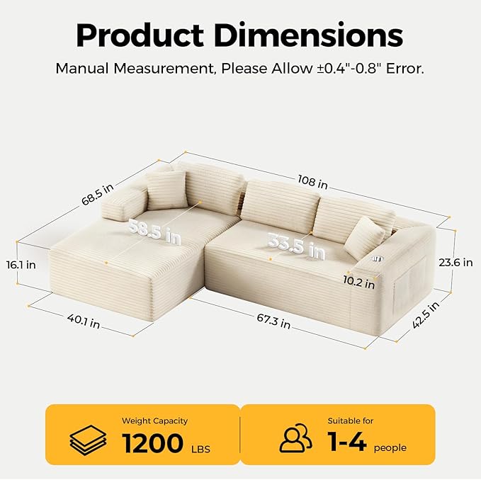 108” Cloud Sectional Couch in One Box, Compressed Modular Sectional Sofa with Deep Seat, Corduroy Boneless Couches, L-Shaped Sofa for Living Room, 4 Storage Pockets(Left Facing Chaise, Beige)