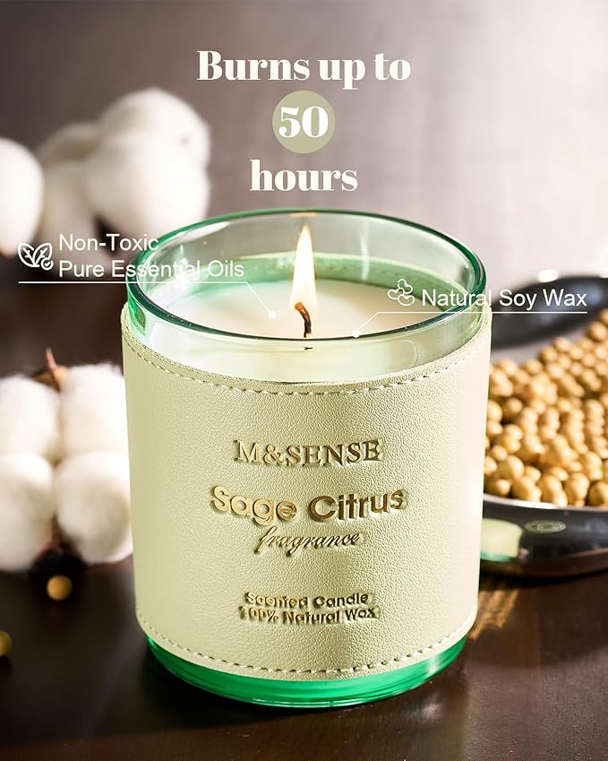 M&SENSE Sage Citrus Scented Vegan Soy Candles, No Toxin 10oz 42-Hour Long Burning Time,Fall Winter Calming Relax Air Purifying Candles for Home Fragrance,Housewarming Thanksgiving Christmas Gift