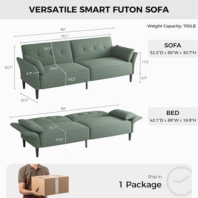 89” Futon Sofa Bed,Comfy Futon Couch Bed with 2 Square Pillows,Convertible Sleeper Sofa with Adjustable Backrest& Armrests, Modern Loveseat Sleeper for Living Room, Bedroom, Linen Green