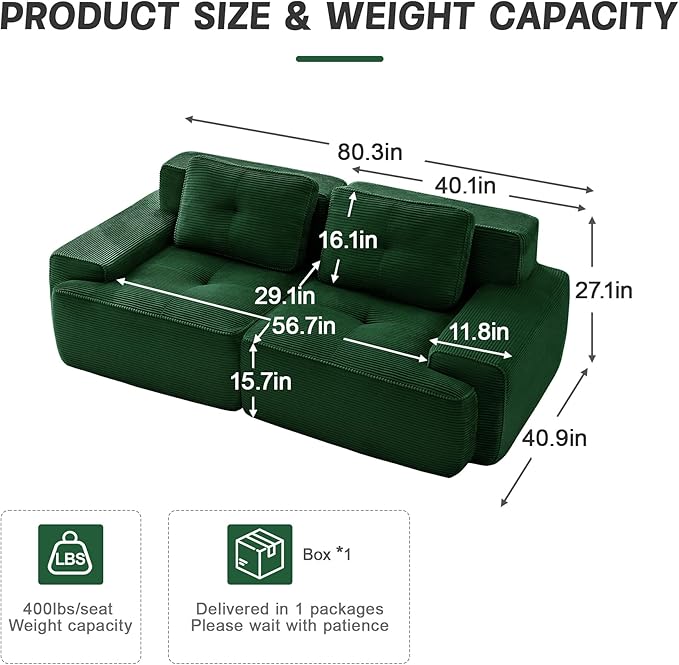 80" Modern Corduroy Boneless Love Seat Couches, 2 Seater Large Sectional Couches for Living Room, Green Cloud Modular Sectional Sofa, Memory Foam, Extra Deep Loveseat, No Assembly