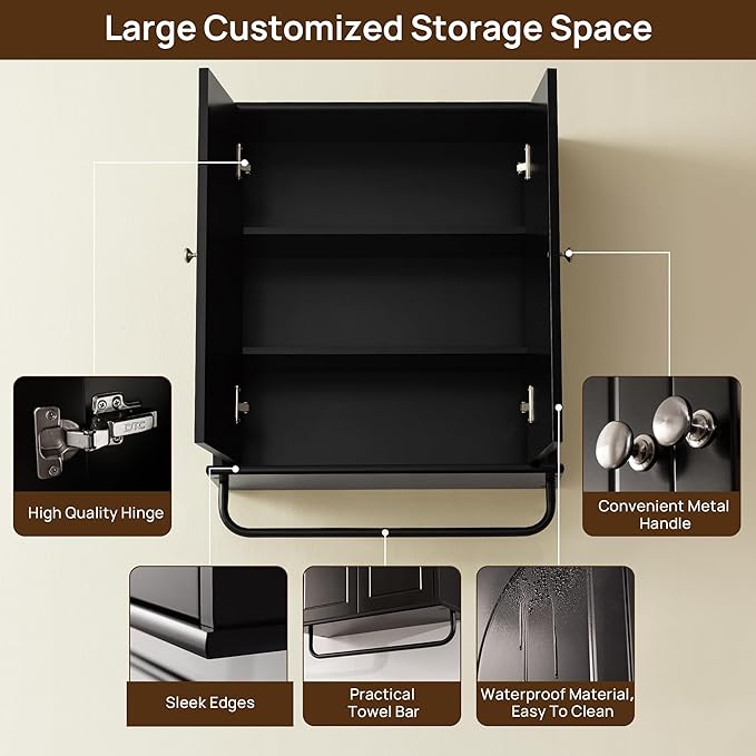 Bathroom Storage Cabinet with Adjustable Wood Shelves, Unique Arched Groove Design On The Door, Wall Mounted with Towels Bar, Over The Toilet Storage Cabinet with DTC Silent Buffering Hinge