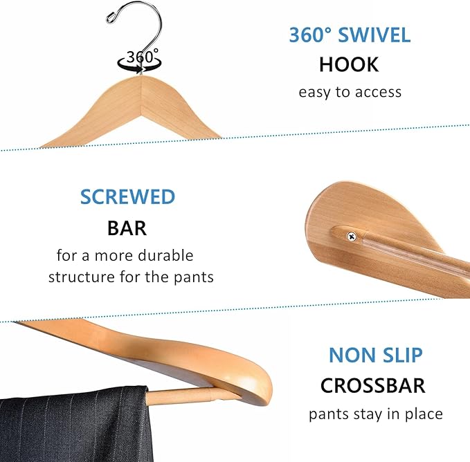 Amber Home 6 Pack Wide Shoulder Wooden Suit Coat Hangers with Non Slip Pants Bar, Solid Wood Jacket Clothes Hangers Smooth Finish for Sweater, Pants, Heavy Clothes (Natural, 6 Pack)