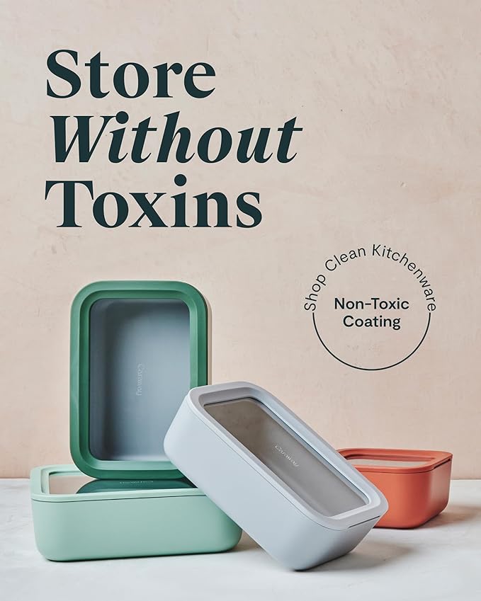 Caraway 22pc Glass Food Storage Set - Storage Containers for Food - Non-Toxic Ceramic-Coated Glass - Air Release Technology - Compact & Stackable Design - Cream