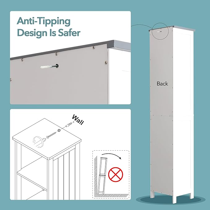 Tall Bathroom Storage Cabinet - 13" Narrow Slim Cabinet with Adjustable Shelves & Anti-Fall Drawers, Freestanding Linen Closet Organizer (Matte White & Grey Top, 64" Tall Cabinet with Doors)