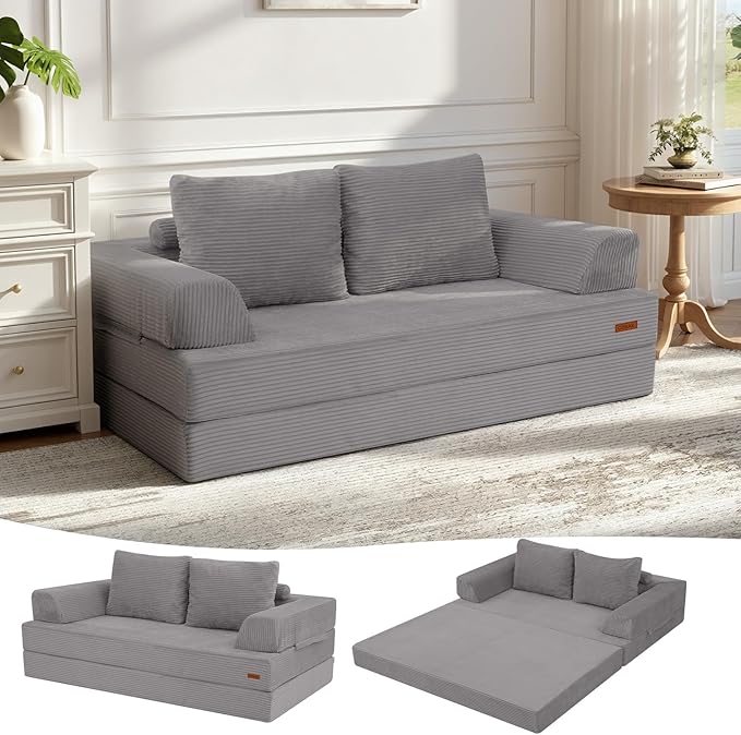 COMAX Convertible Sofa Bed, Folding Floor Couch Corduroy Fold Out Couch Bed Futon Sleeper Mattress with Pillows, Boneless Sofa Comfy Lounge Loveseat for Living Room Bedroom, Light Grey