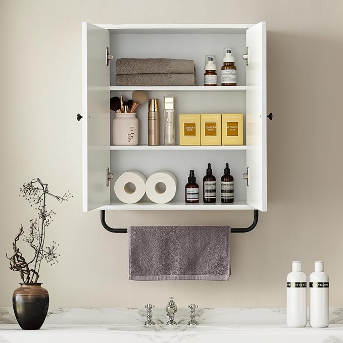 Bathroom Storage Cabinet with Adjustable Wood Shelves, Unique Arched Groove Design On The Door, Wall Mounted with Towels Bar, Over The Toilet Storage Cabinet with DTC Silent Buffering Hinge