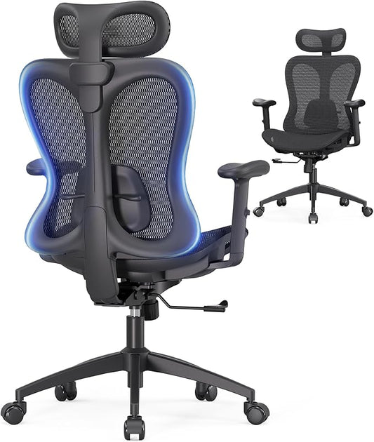Ergonomic Office Desk Chair, Comfortable Computer Gaming Chair, Breathable Mesh Back & Seat, Adjustable Armrest & Headrest, Lumbar Support, Butterfly Design for Home Office (Black)