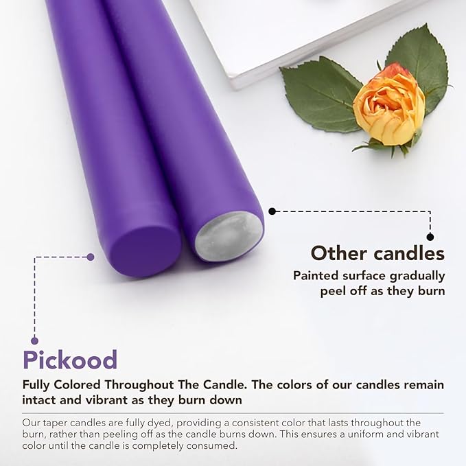 New Burning Formula Unscented Dripless 10-Inch Taper Candles Set of 12 - Purple, for Wedding, Dinner - Smokeless, Long Burning - Hand Poured, Colored Tall Candlesticks - Púrpura