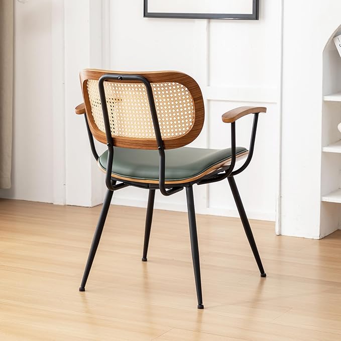 Rattan Dining Room Chairs Set of 2,Mid Century Modern Kitchen Side Chairs,Metal Legs Desk Chair,Faux Leather Accent Chair with Arms and Rattan Backrest Green PU