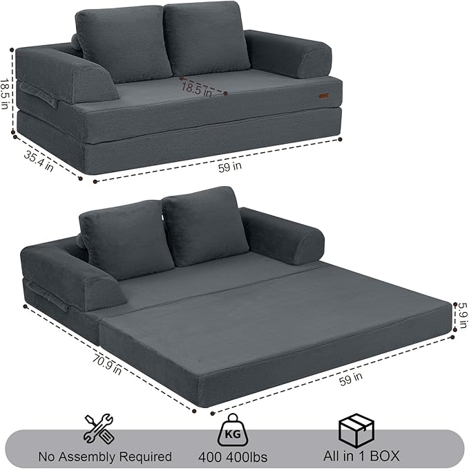 COMAX Convertible Sofa Bed, Folding Floor Couch Fold Out Couch Bed Futon Sleeper Mattress with Pillows, Boneless Sofa Comfy Lounge Loveseat for Living Room Bedroom, Faux Fur Dark Grey