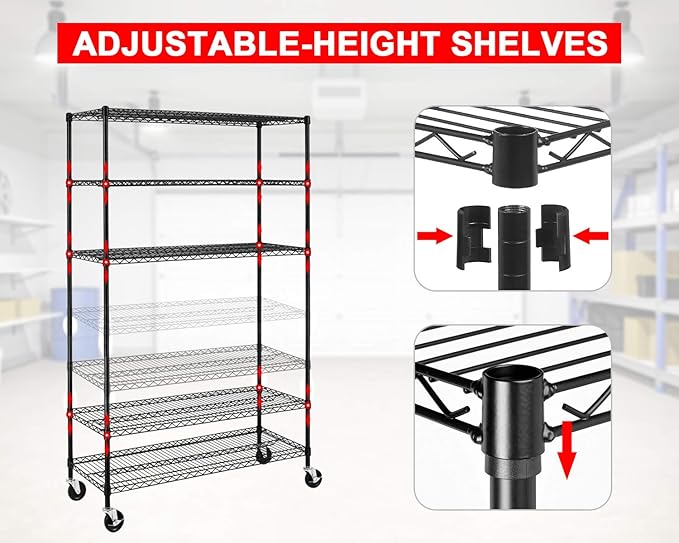 FDW 48" L×18" W×76" H Wire Shelving Unit Metal Shelf with 6 Tier Casters Adjustable Layer Rack Strong Steel for Restaurant Garage Pantry Kitchen Garage,Black