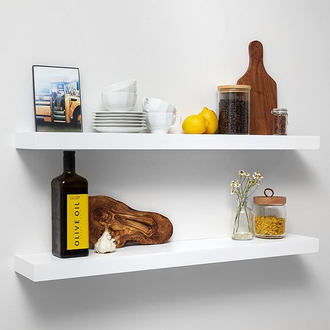 Homeforia White Floating Shelves 36 inch, High End Solid Real Wood 36inch Floating Shelf for Wall Mounted, White Wooden 36in Long Floating Shelves, Heavy Duty Bracket, 36 X 6.5 X 1.75 inches, Set of 4