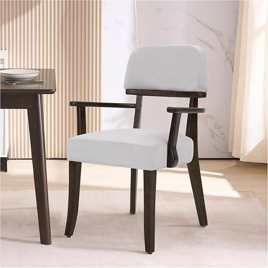 Modern Wood Dining Chairs with Arms, Velvet Upholstered Kitchen Chairs with Black Hardwood Legs & Open Curved Backrest, Accent Chairs 350 LBS Capacity, Grey
