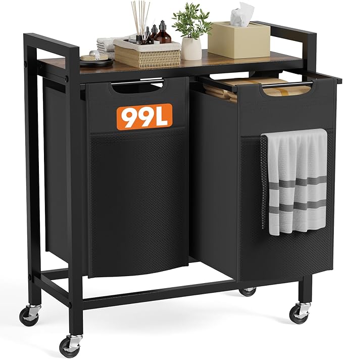 Sweetcrispy Laundry Hamper with 2 Pull-Out Removable Sorter Bags, Movable Wheels, Freestanding Clothes Basket Organizer in Bathroom, 2 × 13.1Gal (99L) Capacity, Rustic Brown and Black